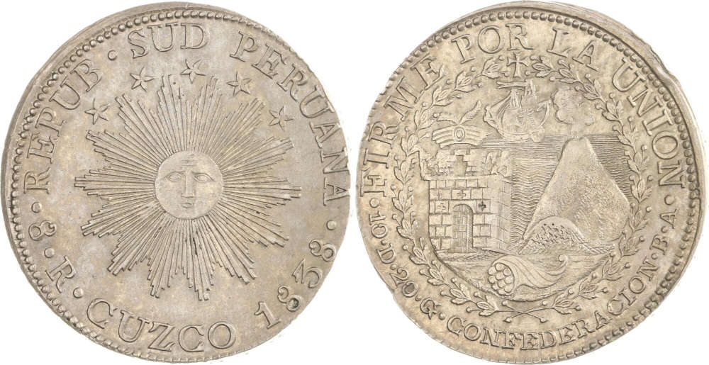 Peru. 8 Reales, 1838 BA, Cuzco. Vorzüglich–Stempelglanz. Dr. Stadler Münzen & Medaillen. Verkaufspreis: 3.250 EUR.
