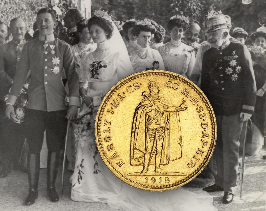 Die Hochzeit von Erzherzog Karl und Zita 1911. Links das Brautpaar, rechts der 81-jährige Kaiser Franz Joseph, dem Karl 1916 als Kaiser nachfolgen wird.