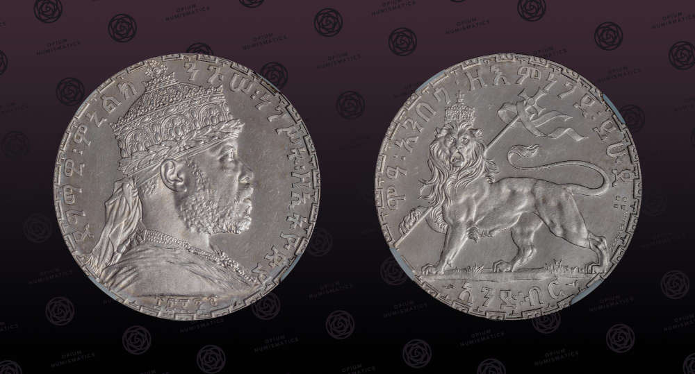 Äthiopien. Menelik II. 1 Birr, 1892-1899. Sehr selten. Polierte Platte. Opium Numismatics Ltd. 4.706 EUR.