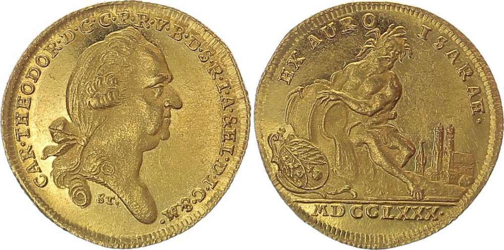 Altdeutschland. Bayern. Karl Theodor (1777-1799). Isargolddukat, 1780, München. Stempelglanz. Münzen Modes. Verkaufspreis: 14.500 EUR.