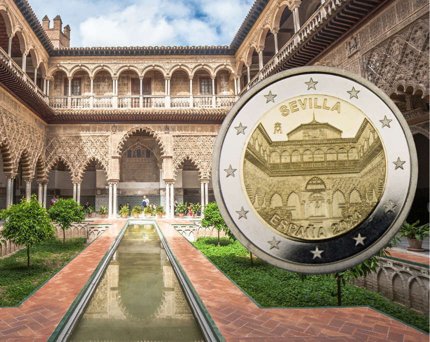 Der Innenhof des Alcázar von Sevilla wurde 2024 auf einer 2-Euro-Münze aus Spanien verewigt. Foto: Real Casa de la Moneda (Münze), javarman3 / Getty Images Pro via Canva Pro.