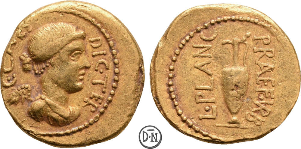 Römische Republik. C. Julius Caesar. Aureus, 46-45 v. Chr. Rom. L. Munatius Plancus. Sehr Schön. Divus Numismatik. 5.800 EUR.