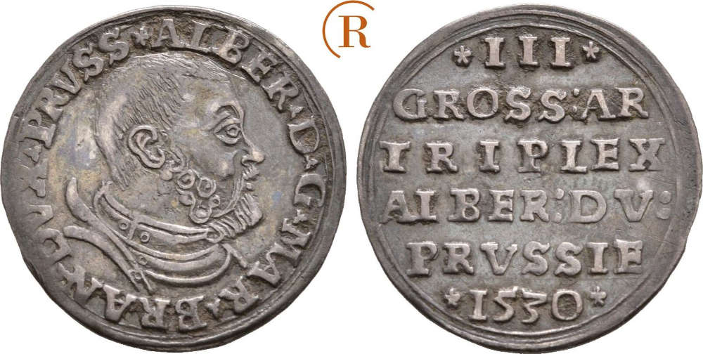 Altdeutschland. Brandenburg-Preußen. Albrecht von Brandenburg (1525-1569). 3 Gröscher, 1530, Königsberg. Sehr selten. Sehr schön-vorzüglich. Münzenhandlung Raffler. 2.150 EUR.