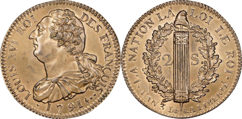 Frankreich. Ludwig XVI (1774-1792). 2 Sols, 1791, Paris. Stempelglanz. Lecoincollection. Verkaufspreis: 15.000 EUR.