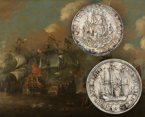 Seeschlacht bei Elseneur. Gemälde von Peter van de Velde. Münze: Niederlande / Holland und Westfriesland. Probe zum Scheepjesschelling von 1670. Sehr selten. Sehr schön. Taxe: 200 Euro. Aus Künker 414 (27./28. September), Nr. 4447.