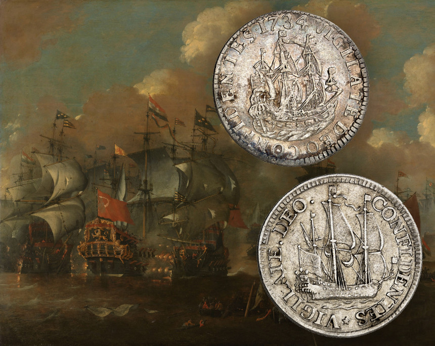 Seeschlacht bei Elseneur. Gemälde von Peter van de Velde. Münze: Niederlande / Holland und Westfriesland. Probe zum Scheepjesschelling von 1670. Sehr selten. Sehr schön. Taxe: 200 Euro. Aus Künker 414 (27./28. September), Nr. 4447.