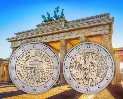 Aller guten Dinge sind drei? Nach 2015 und 2019 gibt Deutschland wieder eine Münze zur Deutschen Einheit heraus. Fotos: Wieschowski / Hintergrund: frankpeters von Getty Images via Canva Pro