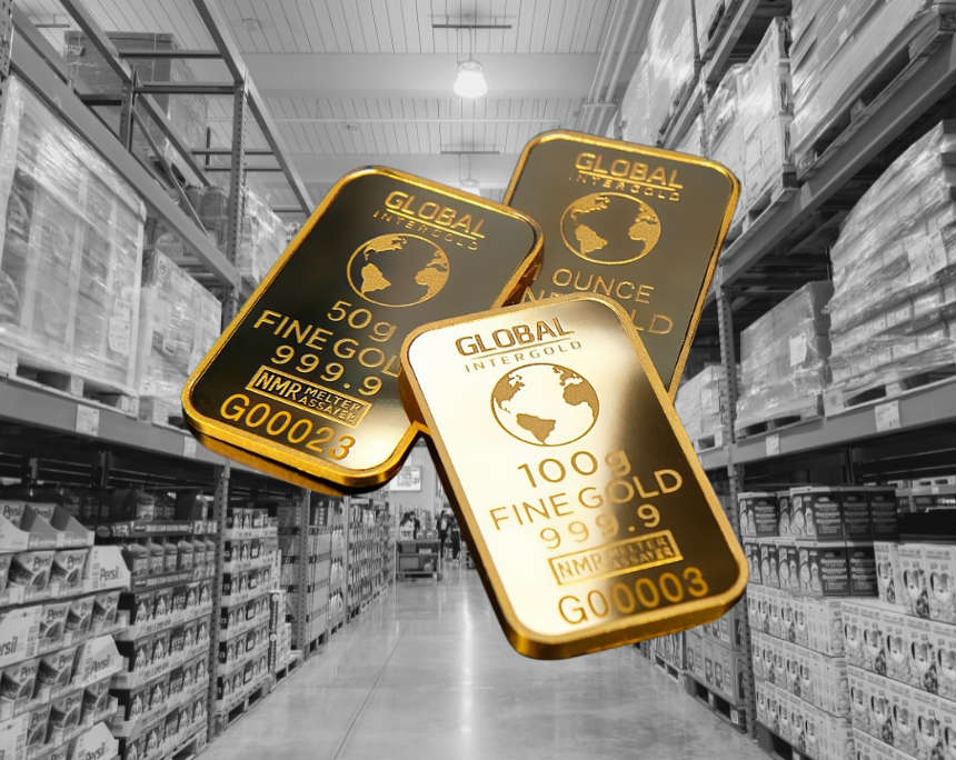 Goldbarren im Supermarkt? In den USA seit einem Jahr ein Erfolgsmodell. Foto: Global_Intergold von pixabay (Vordergrund), Leung Cho Pan (Hintergrund) via Canva Pro.