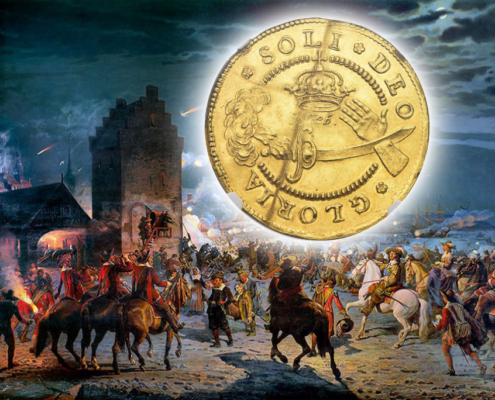 Friedrich III. auf seinem weißen Hengst bei der Verteidigung Kopenhagens 1659. Gemalt von Frederik Christian Lund, 1887. Bilder: Hintergrund: Wikimedia Commons / CC0. Münze: Auktion SINCONA 94 (22.-23. Oktober 2024), Nr. 1616.