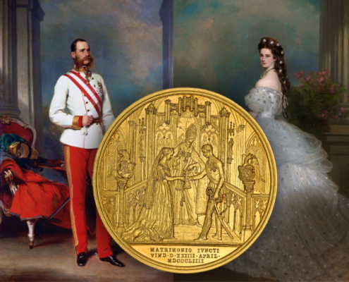 Franz Joseph und Sisi, gemalt von Franz Xaver Winterhalter. Davor Rückseite der Hochzeitsmedaille aus dem offiziellen Erinnerungs-Set, aus Auktion Künker 415 (28. Oktober 2024), Nr. 361.