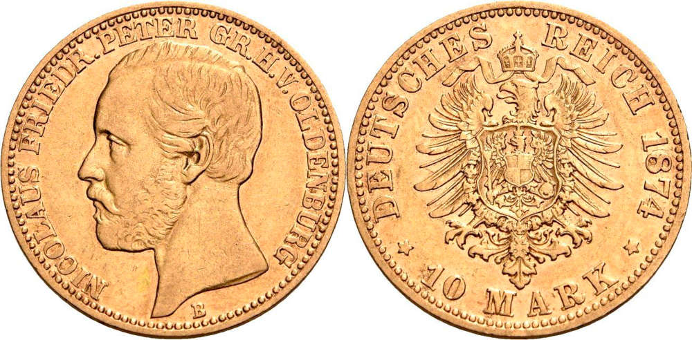 Deutsches Kaiserreich. Oldenburg. Nicolaus Friedrich Peter (1853-1900). 10 Mark, 1874, B. Vorzüglich. Armin Michael Kohlross. 7.995 EUR.