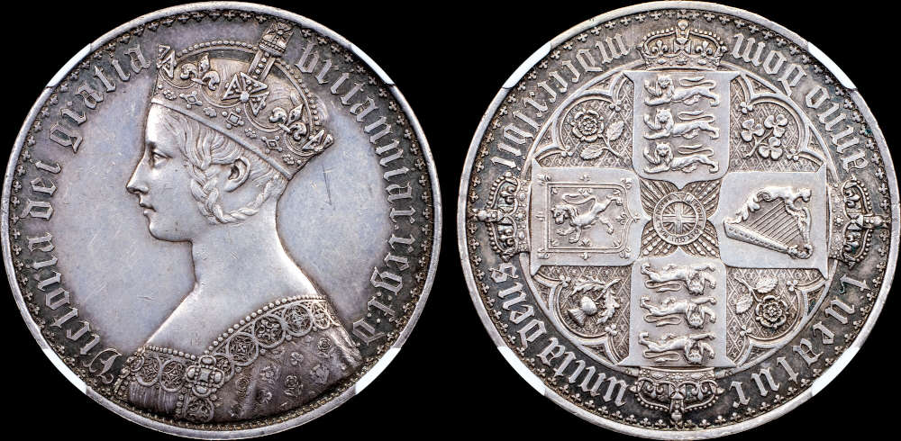 Großbritannien. Queen Victoria (1837-1901). Crown, 1847. Gotic‘ type UNDECI. NGC PF 58. Numismatika Pesek. 6.800 EUR.