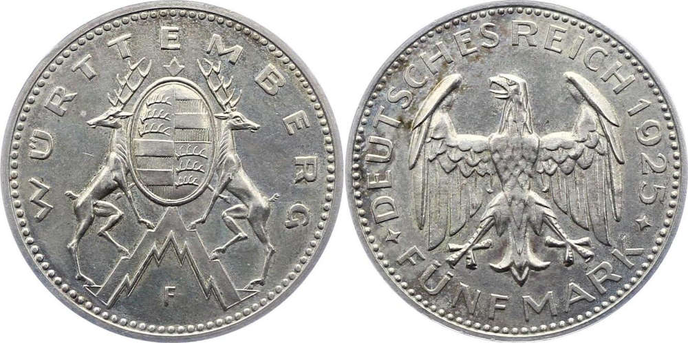 Weimarer Republik. 5 Mark Probe in Silber 1925. Vorzüglich-Stempelglanz. Münzenhandlung Dirk Löbbers. 3.600 EUR.