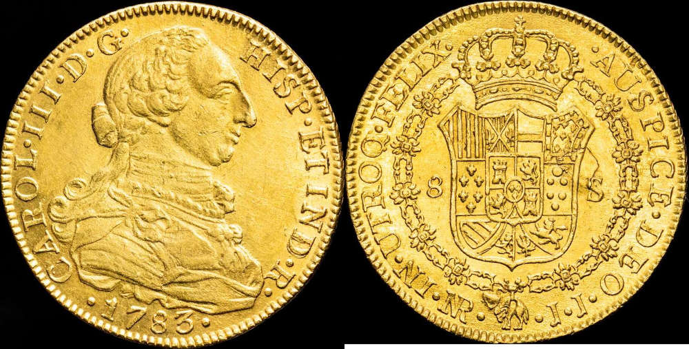 Spanien. Carlos III. (1759-1788). 8 Escudos. 1783. Vorzüglich. Numismatica Barcala. 2.600 EUR.