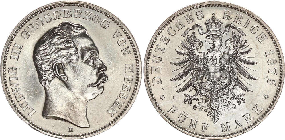 Deutsches Kaiserreich. Hessen. Ludwig III. (1848-1877). 5 Mark. 1875. H. Vorzüglich-stempelglanz. Münzenhandlung Löchte. Verkaufspreis: 5.750 EUR.