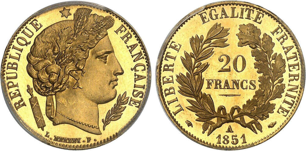 Frankreich. 2. Republik (1848-1852). 20 Francs, 1851 A. PCGS PR66 CAM. Taittinger Numismatic. Verkaufspreis: 30.000 EUR.