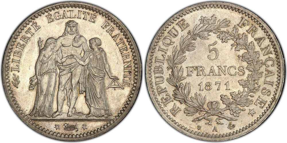 Frankreich. 5 Francs, 1871. Selten. PCGS MS63. Lecoincollection. Verkaufspreis: 2.500 EUR.