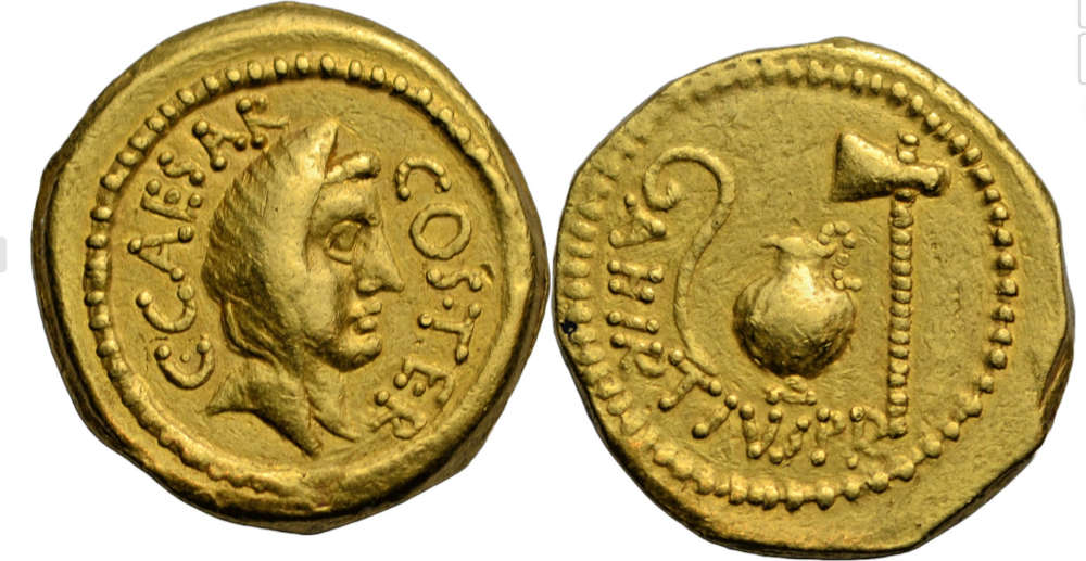 Römische Republik. C. Julius Caesar. Aureus, 46 v. Chr., Rom. A Hirtius praetor. Bermondsey Coins Ltd. 7.980 EUR.