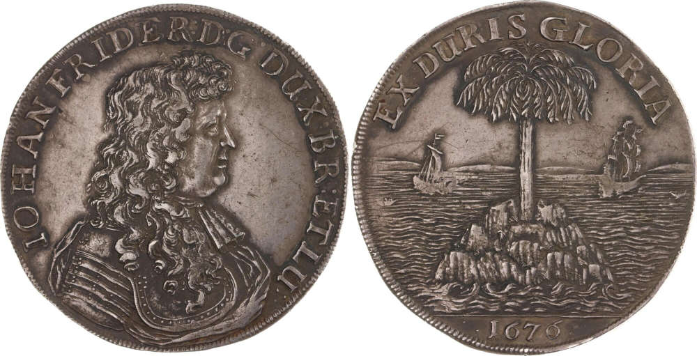 Altdeutschland. Braunschweig-Calenberg-Hannover. Johann Friedrich (1665–1679). Palmbaumtaler, 1676, Clausthal. Dr. Stadler Münzen & Medaillen. 3.750 EUR.