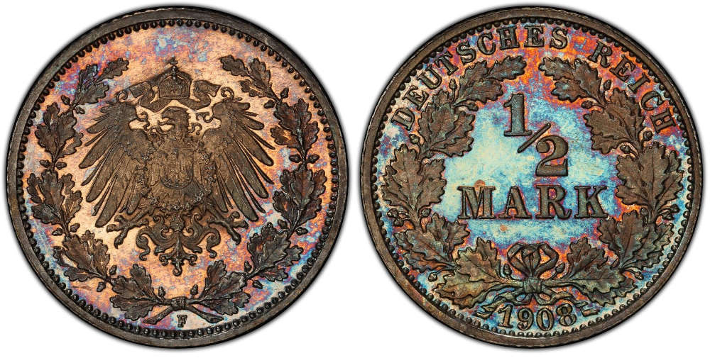  Deutsches Kaiserreich. 1/2 Mark 1908 F. PCGS PR66CAM. Münzhandel Andreas Fenzl. 17.500 EUR.