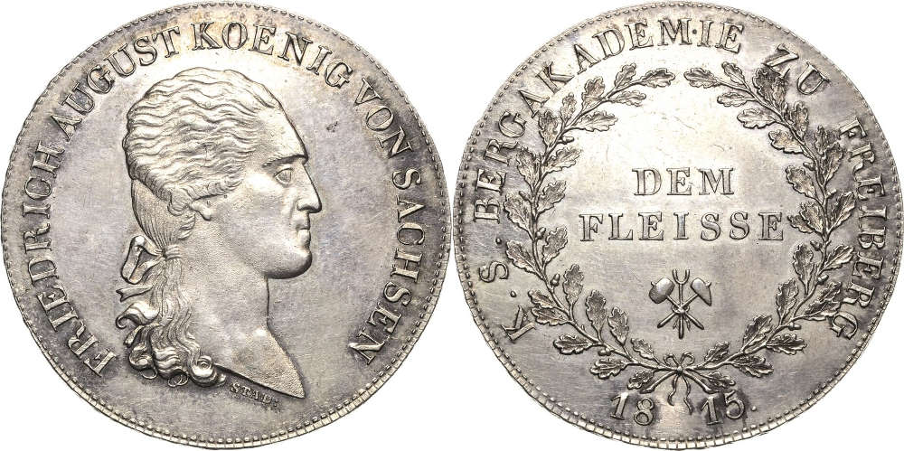 Altdeutschland. Sachsen-Kurlinie ab 1547 (Albertiner). Friedrich August I. (1806-1827). Taler 1815. Fast Stempelglanz. Leipziger Münzhandel und Auktion Heidrun Höhn. 7.800 EUR.