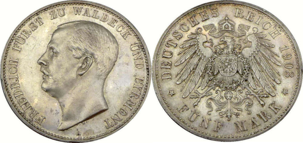 Deutsches Kaiserreich. Waldeck-Pyrmont. Friedrich I. (1893-1918). 5 Mark 1903 A. Fast stempelglanz, leichte Patina, Prachtexemplar. Münzenhandel Gerhard H. Dylla. 5.390 EUR