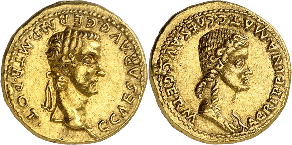 Nr. 378. Caligula und Agrippina. Aureus, 37/8. Aus einer vor 1990 abgeschlossenen Sammlung. Sehr selten. Gutes sehr schön. Taxe: 25.000 Euro. Zuschlag: 120.000 Euro. Nr. 378. Caligula und Agrippina. Aureus, 37/8. Aus einer vor 1990 abgeschlossenen Sammlung. Sehr selten. Gutes sehr schön. Taxe: 25.000 Euro. Zuschlag: 120.000 Euro.
