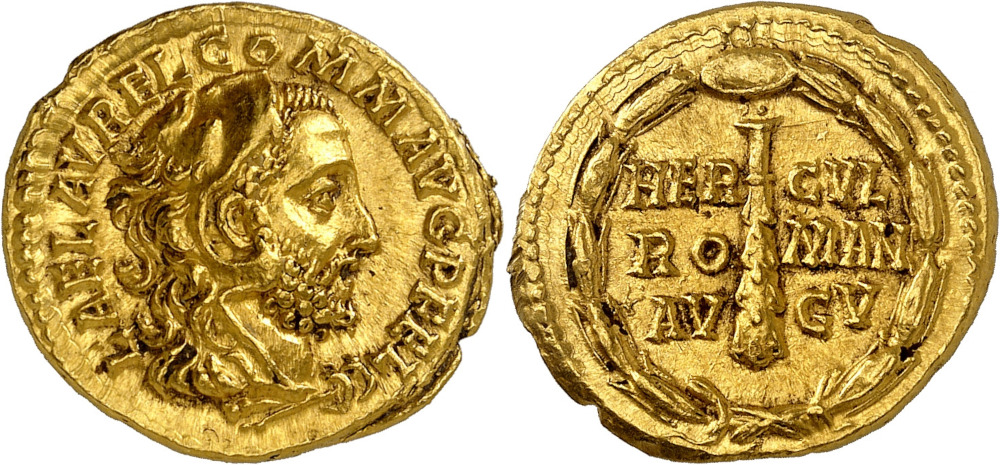 Nr. 493. Commodus, 177-192. Aureus, 191-192. Aus einer vor 1990 abgeschlossenen Sammlung. Äußerst selten. Taxe: 40.000 Euro. Zuschlag: 170.000 Euro. Nr. 493. Commodus, 177-192. Aureus, 191-192. Aus einer vor 1990 abgeschlossenen Sammlung. Äußerst selten. Taxe: 40.000 Euro. Zuschlag: 170.000 Euro.