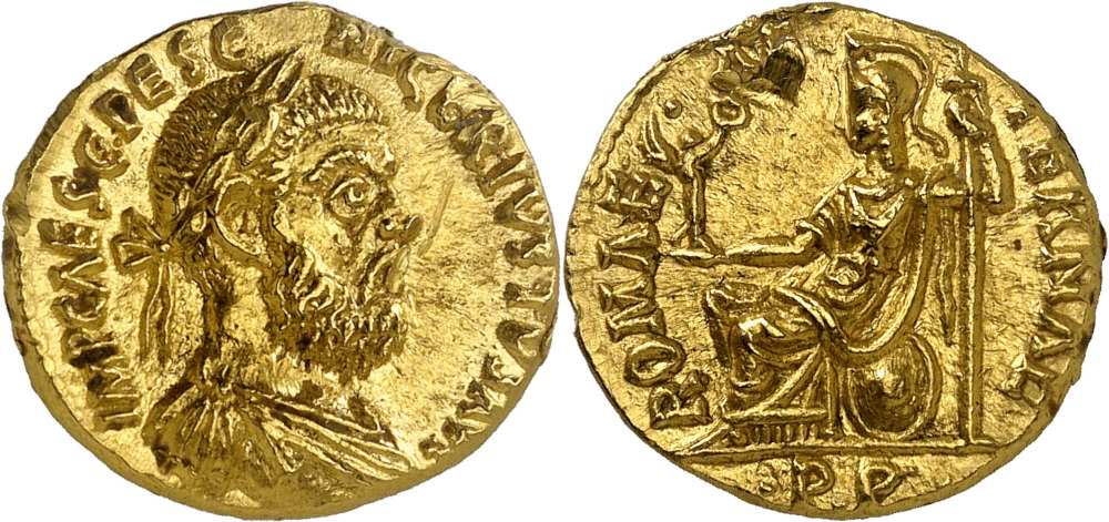 Nr. 497. Pescennius Niger, 193-194. Aureus, unbestimmte, möglicherweise mobile Münzstätte. Aus einer vor 1990 abgeschlossenen Sammlung. Äußerst selten. Fassungsspuren, sonst vorzüglich / gutes sehr schön. Taxe: 75.000 Euro. Zuschlag: 220.000 Euro. Nr. 497. Pescennius Niger, 193-194. Aureus, unbestimmte, möglicherweise mobile Münzstätte. Aus einer vor 1990 abgeschlossenen Sammlung. Äußerst selten. Fassungsspuren, sonst vorzüglich / gutes sehr schön. Taxe: 75.000 Euro. Zuschlag: 220.000 Euro.
