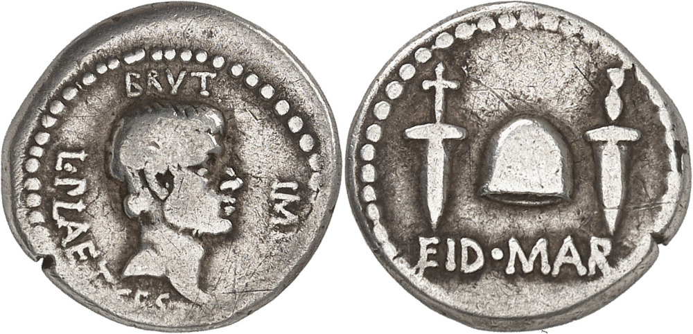 Nr. 337. M. Iunius Brutus. Denar, 42 v. Chr., Lagermünzstätte in Kleinasien oder Nordgriechenland, L. Plaetorius Cestianus. Aus einer vor 1990 abgeschlossenen Sammlung Sehr selten. Schön bis sehr schön. Taxe: 50.000 Euro. Zuschlag: 280.000 Euro. Nr. 337. M. Iunius Brutus. Denar, 42 v. Chr., Lagermünzstätte in Kleinasien oder Nordgriechenland, L. Plaetorius Cestianus. Aus einer vor 1990 abgeschlossenen Sammlung Sehr selten. Schön bis sehr schön. Taxe: 50.000 Euro. Zuschlag: 280.000 Euro.