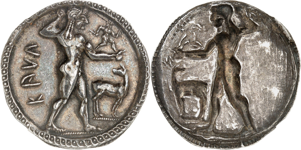 Nr. 60. Kaulonia / Bruttium. Stater, 525-500 v. Chr. Aus Sammlung Edward Perry Warren und John Pierpont Morgan. Gutes vorzüglich. Taxe: 25.000 Euro. Zuschlag: 48.000 Euro. Nr. 60. Kaulonia / Bruttium. Stater, 525-500 v. Chr. Aus Sammlung Edward Perry Warren und John Pierpont Morgan. Gutes vorzüglich. Taxe: 25.000 Euro. Zuschlag: 48.000 Euro.