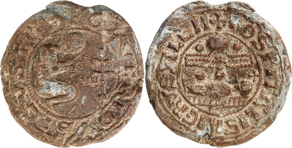 Nr. 635. Kreuzfahrer / Johanniter in Akko. Geoffroy le Rat, 1206-1207. Bleisiegel. Äußerst selten. Sehr schön. Taxe: 400 Euro. Zuschlag: 9.500 Euro. Nr. 635. Kreuzfahrer / Johanniter in Akko. Geoffroy le Rat, 1206-1207. Bleisiegel. Äußerst selten. Sehr schön. Taxe: 400 Euro. Zuschlag: 9.500 Euro.