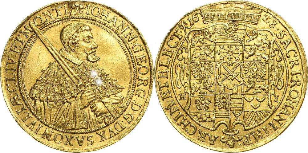 Los 3488: 10 Dukaten 1628, Johann Georg I., von allergrößter Seltenheit, einzig im Handel bekanntes Exemplar. Schätzpreis: 40.000 EUR. Los 3488: 10 Dukaten 1628, Johann Georg I., von allergrößter Seltenheit, einzig im Handel bekanntes Exemplar. Schätzpreis: 40.000 EUR.