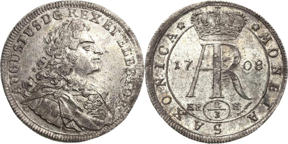 Los 3798: Friedrich August I., der Starke, 2/3 Taler 1708, erstes im Handel bekannte Exemplar. Schätzpreis: 5.000 EUR. Los 3798: Friedrich August I., der Starke, 2/3 Taler 1708, erstes im Handel bekannte Exemplar. Schätzpreis: 5.000 EUR.