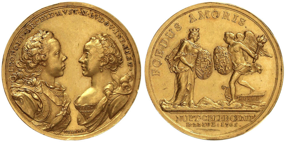 v Los 340: Gold der Habsburger Erblande und Österreichs, Haus Habsburg, Leopold II., 1790-1792. Goldmedaille zu 10 Dukaten 1765 von Widemann. Auf die Vermählung des Erzherzogs Leopold (später Kaiser Leopold II.) mit Maria Ludovica von Spanien. Vorzüglich, kl. Kratzer, Prüfspuren am Rand, äußerst selten. Schätzpreis: 10.000 EUR.