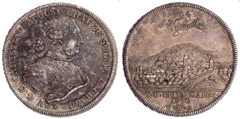 Los 2593: Altdeutsche Münzen und Medaillen, Solms-Laubach, Christian August, 1738-1784. Konventionstaler 1770, Wertheim. Vorzüglich, schöne Patina, von größter Seltenheit. Schätzpreis: 15.000 EUR. Los 2593: Altdeutsche Münzen und Medaillen, Solms-Laubach, Christian August, 1738-1784. Konventionstaler 1770, Wertheim. Vorzüglich, schöne Patina, von größter Seltenheit. Schätzpreis: 15.000 EUR.