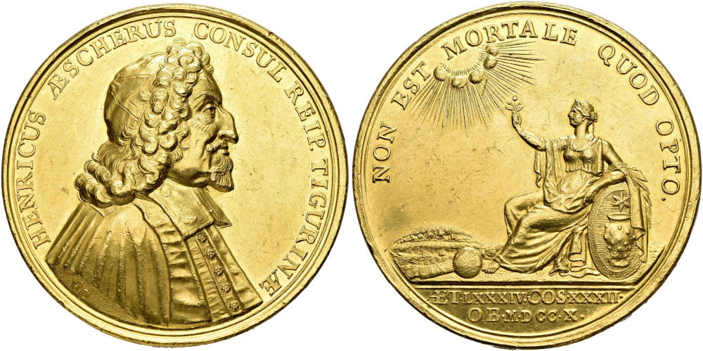 Lot 3488: Switzerland, Zurich. Gold medal 1710. Commemorating the death of Heinrich Escher vom Glas. Extremely rare. Extremely Fine. Estimate: CHF 15,000.