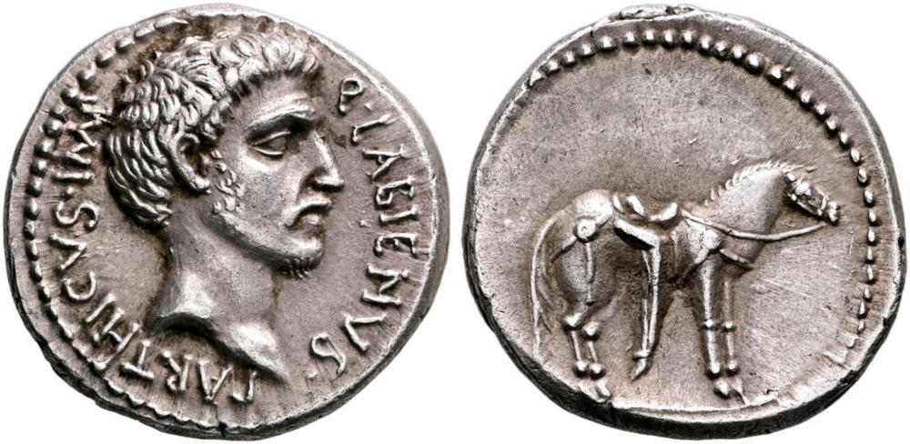 Lot 389: Quintus Labienus Parthicus, 42-39 BC. Denarius, uncertain mint moving with Labienus in southeastern Asia Minor, early 40. Estimate: 75,000 CHF. Lot 389: Quintus Labienus Parthicus, 42-39 BC. Denarius, uncertain mint moving with Labienus in southeastern Asia Minor, early 40. Estimate: 75,000 CHF.