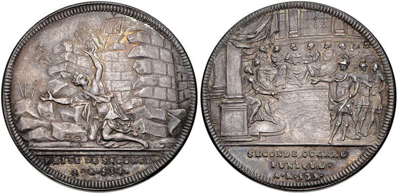 Schweiz. Silbermedaille des Genfer Medailleurs Jean Dassier auf den Fall von Sagunt, 1740-1750. Vorderseite: Die Personifikation von Sagunt unter zusammenbrechenden Mauern. Rückseite: Der Römische Senat beim Disputieren. Aus Sammlung RBW und Auktion CNG 364 (2015), Nr. 392. Schweiz. Silbermedaille des Genfer Medailleurs Jean Dassier auf den Fall von Sagunt, 1740-1750. Vorderseite: Die Personifikation von Sagunt unter zusammenbrechenden Mauern. Rückseite: Der Römische Senat beim Disputieren. Aus Sammlung RBW und Auktion CNG 364 (2015), Nr. 392.