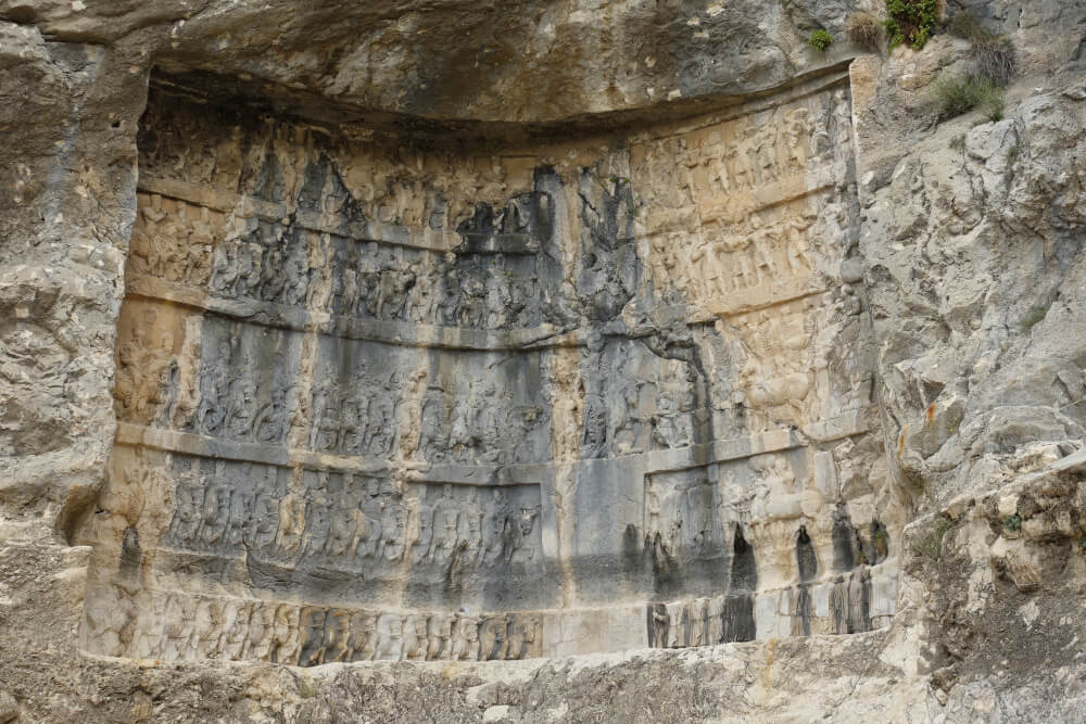 Relief of Shapur I, showing his victory over Gordian III, Valerian, and Philip the Arab. It is said to be modeled on the bands of the Trajan’s Column. Photo: KW. Relief of Shapur I, showing his victory over Gordian III, Valerian, and Philip the Arab. It is said to be modeled on the bands of the Trajan’s Column. Photo: KW.