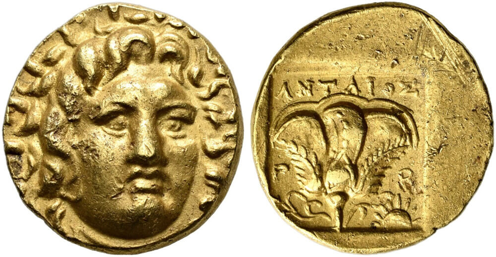 Rhodos. Goldstater, 125-100. Erworben 1935 von S. Rosenberg, Frankfurt; T. Hackens, Trésor hellénistique trouvé à Délos en 1964, BCH (1965), 521, 11 mit Anm. 5 (dieses Exemplar, illustriert auf Tf. 15). Äußerst selten. Vorzüglich. Startpreis: 8.500 CHF. Auktion Hess Divo 343 (25. Mai 2025), Nr. 111. Rhodos. Goldstater, 125-100. Erworben 1935 von S. Rosenberg, Frankfurt; T. Hackens, Trésor hellénistique trouvé à Délos en 1964, BCH (1965), 521, 11 mit Anm. 5 (dieses Exemplar, illustriert auf Tf. 15). Äußerst selten. Vorzüglich. Startpreis: 8.500 CHF. Auktion Hess Divo 343 (25. Mai 2025), Nr. 111.