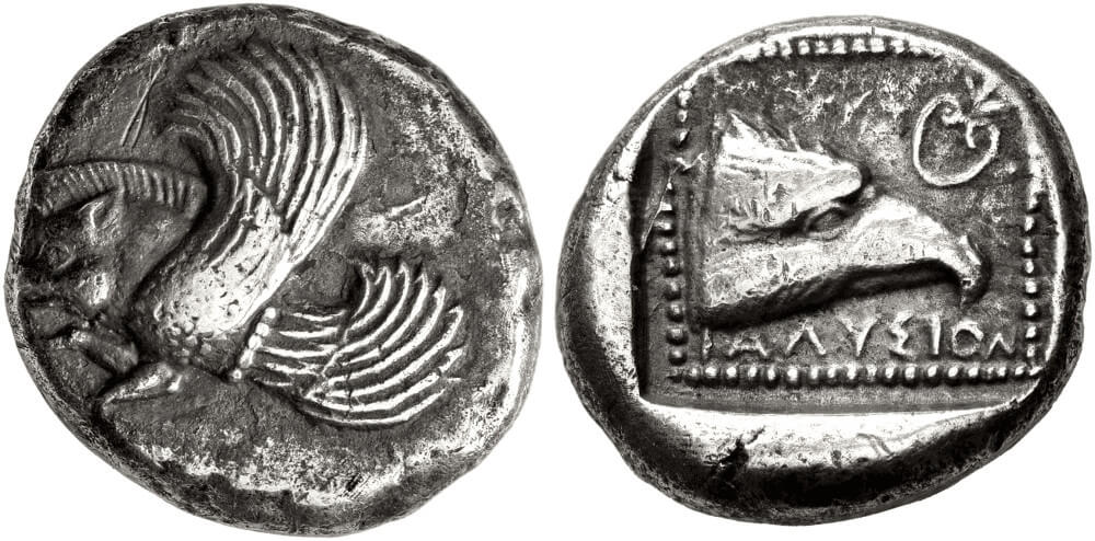 Ialysos. Stater, 510-480. Erworben bei Numismatik Leu 81 (2001), Nr. 292. Aus Sammlung Hans von Aulock, Raul Abecassis und Kornfeld. Sehr selten. Vorzüglich. Startpreis: 10.000 CHF. Auktion Hess Divo 343 (25. Mai 2025), Nr. 133. Ialysos. Stater, 510-480. Erworben bei Numismatik Leu 81 (2001), Nr. 292. Aus Sammlung Hans von Aulock, Raul Abecassis und Kornfeld. Sehr selten. Vorzüglich. Startpreis: 10.000 CHF. Auktion Hess Divo 343 (25. Mai 2025), Nr. 133.