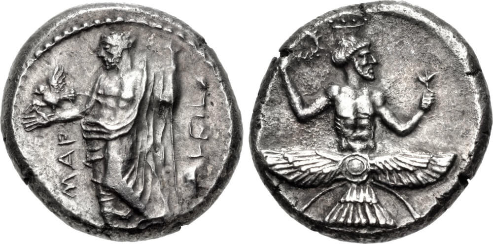 Mallos. Tiribazos, persischer Satrap von Lydien. Stater, 384-383. Rv. Ahura Mazda. Aus Auktion CNG, Triton XVIII (2015), 51. Mallos. Tiribazos, persischer Satrap von Lydien. Stater, 384-383. Rv. Ahura Mazda. Aus Auktion CNG, Triton XVIII (2015), 51.
