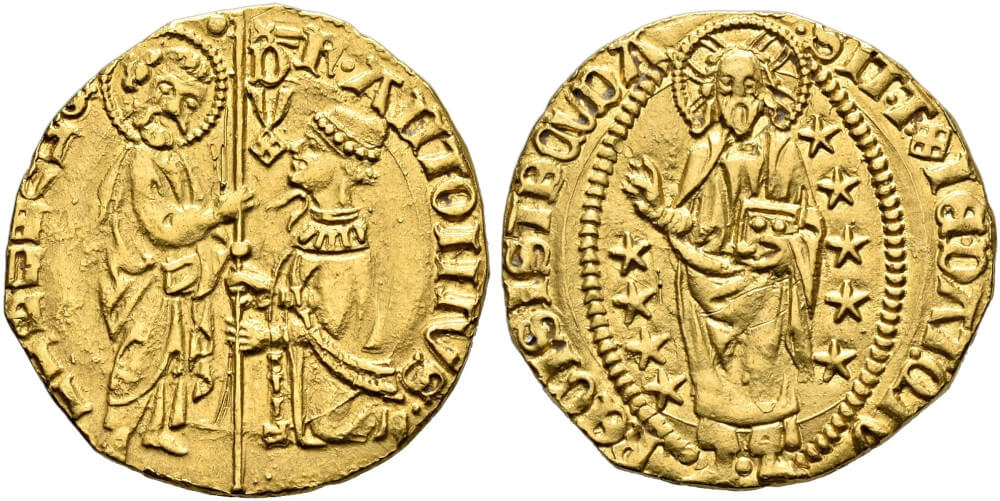 Rhodos / Johanniterorden. Anton Fluvian, 34. Großmeister 1421-1437. Dukat nach venezianischem Vorbild. Erworben bei Numismatik Leu 99 (2006), Nr. 22. Aus Sammlung Kornfeld. Sehr selten. Vorzüglich. Startpreis: 2.500 CHF. Auktion Hess Divo 343 (25. Mai 2025), Nr. 300. Rhodos / Johanniterorden. Anton Fluvian, 34. Großmeister 1421-1437. Dukat nach venezianischem Vorbild. Erworben bei Numismatik Leu 99 (2006), Nr. 22. Aus Sammlung Kornfeld. Sehr selten. Vorzüglich. Startpreis: 2.500 CHF. Auktion Hess Divo 343 (25. Mai 2025), Nr. 300.
