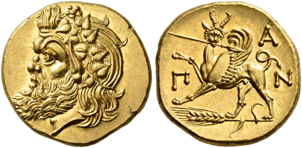 Pantikapeion (Bosporus). Goldstater, um 340-325. Sehr selten. Feinster Stil. FDC. Startpreis: 60.000 CHF. Auktion Hess Divo 343 (25. Mai 2025), Nr. 87. Pantikapeion (Bosporus). Goldstater, um 340-325. Sehr selten. Feinster Stil. FDC. Startpreis: 60.000 CHF. Auktion Hess Divo 343 (25. Mai 2025), Nr. 87.
