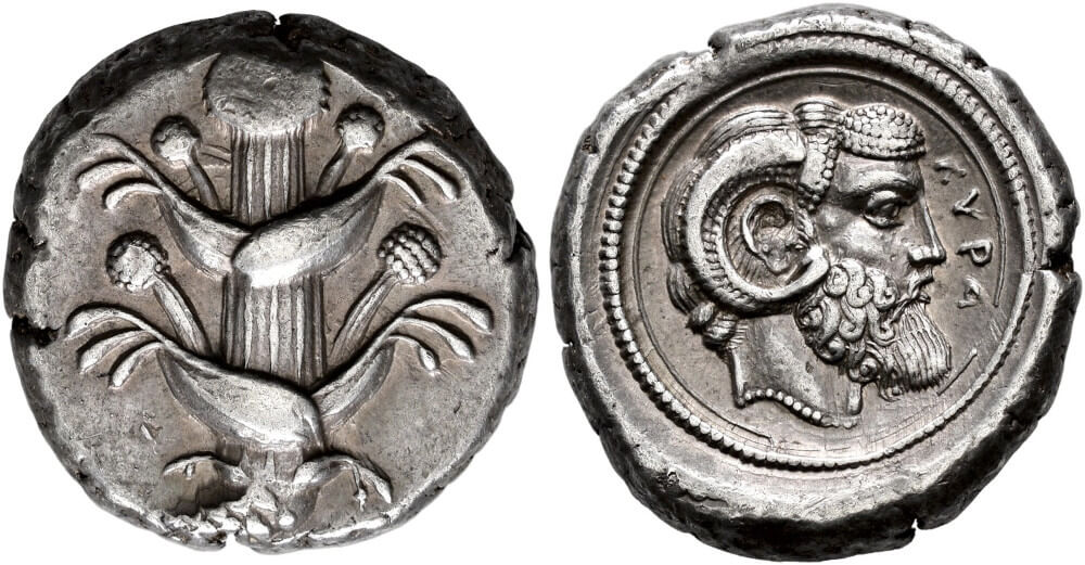 Kyrene (Kyrenaika). Tetradrachme, um 450. Äußerst selten. Vorzügliches Prachtexemplar von feinstem Stil. Startpreis: 45.000 CHF. Auktion Hess Divo 343 (25. Mai 2025), Nr. 154. Kyrene (Kyrenaika). Tetradrachme, um 450. Äußerst selten. Vorzügliches Prachtexemplar von feinstem Stil. Startpreis: 45.000 CHF. Auktion Hess Divo 343 (25. Mai 2025), Nr. 154.