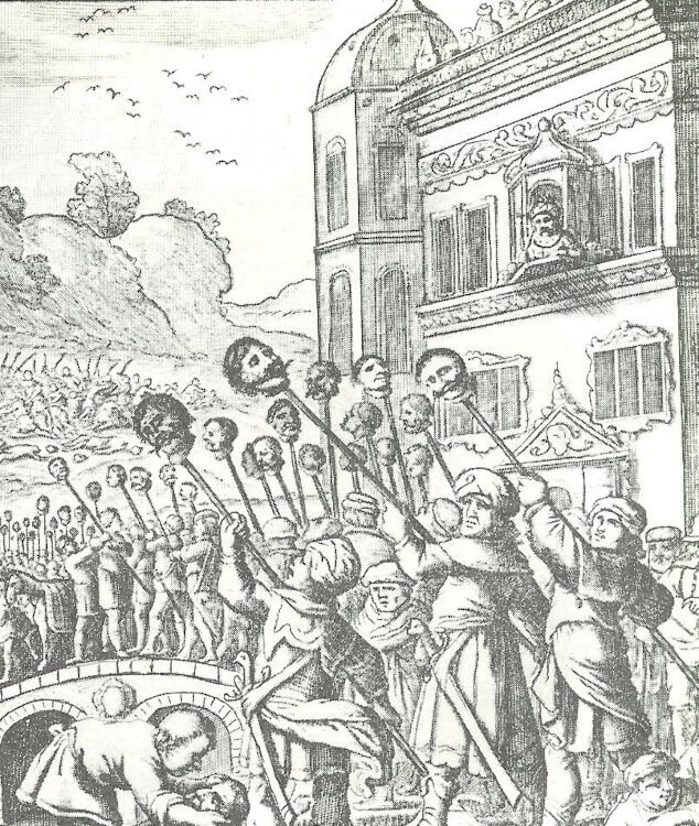 Ein europäischer Reisender malt die Eroberung von Täbriz. Auf den Stangen stecken Köpfe von osmanischen Türken, ein erfreulicher Anblick im damaligen Europa. Ein europäischer Reisender malt die Eroberung von Täbriz. Auf den Stangen stecken Köpfe von osmanischen Türken, ein erfreulicher Anblick im damaligen Europa.