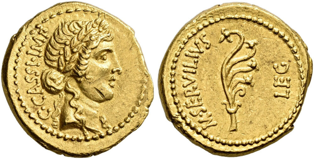 C. Cassius Longinus zusammen mit M. Servilius. Aureus aus einer mit Brutus und Cassius ziehenden Münzstätte, um 43-42. Bahrfeldt 66,60.18 (dieses Exemplar, illustriert auf Tf. VI, 10). Sehr selten. Vorzüglich. Startpreis: 50.000 CHF. Auktion Hess Divo 343 (25. Mai 2025), Nr. 168. C. Cassius Longinus zusammen mit M. Servilius. Aureus aus einer mit Brutus und Cassius ziehenden Münzstätte, um 43-42. Bahrfeldt 66,60.18 (dieses Exemplar, illustriert auf Tf. VI, 10). Sehr selten. Vorzüglich. Startpreis: 50.000 CHF. Auktion Hess Divo 343 (25. Mai 2025), Nr. 168.