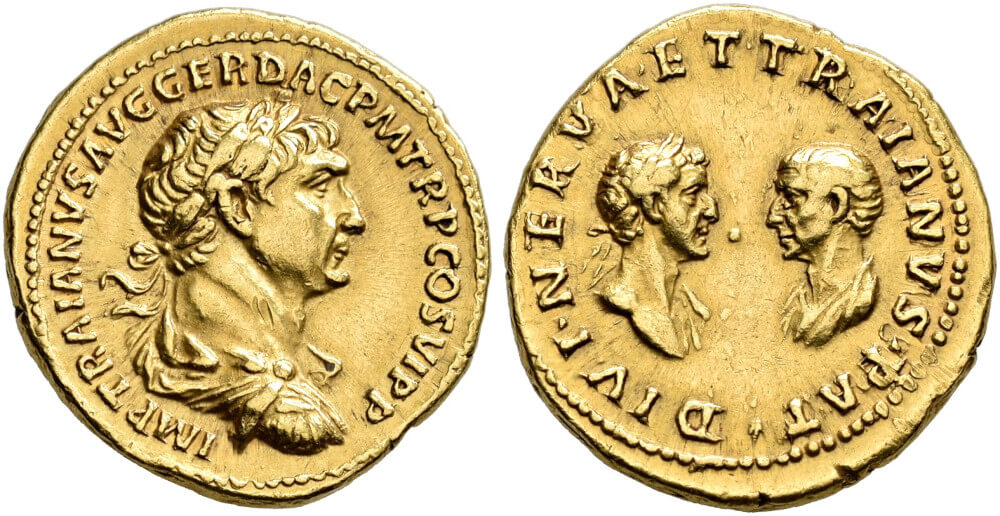 Traianus mit Divus Nerva und Divus Traianus Pater. Aureus. Äußerst selten. Vorzüglich. Startpreis: 50.000 CHF. Auktion Hess Divo 343 (25. Mai 2025), Nr. 174. Traianus mit Divus Nerva und Divus Traianus Pater. Aureus. Äußerst selten. Vorzüglich. Startpreis: 50.000 CHF. Auktion Hess Divo 343 (25. Mai 2025), Nr. 174.