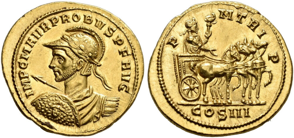 Probus, 276-282. Aureus, Siscia, um 279. Äußerst selten, nur zwei Exemplare bekannt. Fast unzirkuliert. Startpreis: 50.000 CHF. Auktion Hess Divo 343 (25. Mai 2025), Nr. 187. Probus, 276-282. Aureus, Siscia, um 279. Äußerst selten, nur zwei Exemplare bekannt. Fast unzirkuliert. Startpreis: 50.000 CHF. Auktion Hess Divo 343 (25. Mai 2025), Nr. 187.